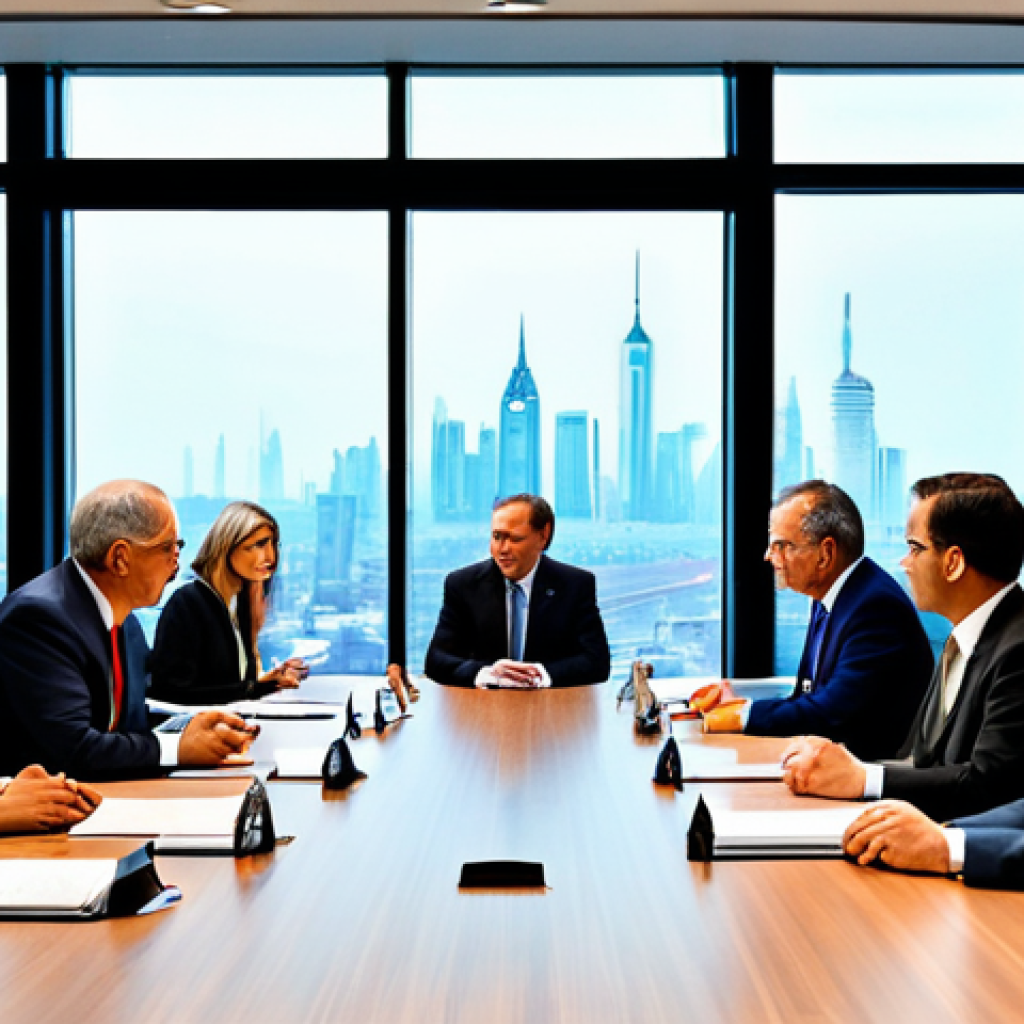 A professional, diverse group of international diplomats and national leaders, fully clothed in modest business attire, gathered around a large, polished conference table in a modern, well-lit international relations summit hall. They are engaged in a calm, focused discussion, representing various global powers. The background shows a large window overlooking a city skyline at dusk, symbolizing global connectivity. The scene conveys a sense of serious, constructive dialogue about global power shifts. perfect anatomy, correct proportions, natural pose, well-formed hands, proper finger count, safe for work, appropriate content, fully clothed, professional, high quality, studio lighting, detailed, photorealistic.