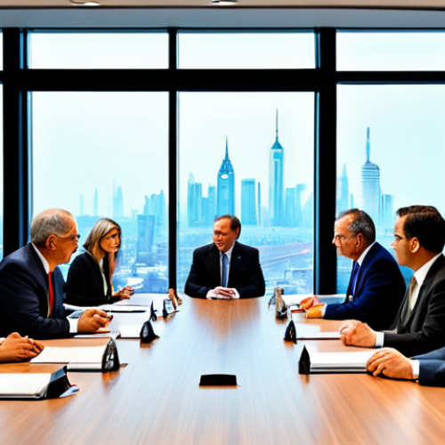 A professional, diverse group of international diplomats and national leaders, fully clothed in modest business attire, gathered around a large, polished conference table in a modern, well-lit international relations summit hall. They are engaged in a calm, focused discussion, representing various global powers. The background shows a large window overlooking a city skyline at dusk, symbolizing global connectivity. The scene conveys a sense of serious, constructive dialogue about global power shifts. perfect anatomy, correct proportions, natural pose, well-formed hands, proper finger count, safe for work, appropriate content, fully clothed, professional, high quality, studio lighting, detailed, photorealistic.