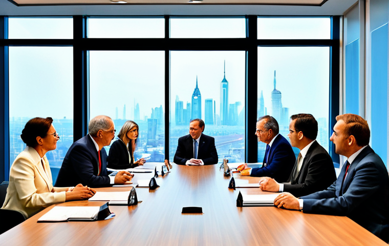 A professional, diverse group of international diplomats and national leaders, fully clothed in modest business attire, gathered around a large, polished conference table in a modern, well-lit international relations summit hall. They are engaged in a calm, focused discussion, representing various global powers. The background shows a large window overlooking a city skyline at dusk, symbolizing global connectivity. The scene conveys a sense of serious, constructive dialogue about global power shifts. perfect anatomy, correct proportions, natural pose, well-formed hands, proper finger count, safe for work, appropriate content, fully clothed, professional, high quality, studio lighting, detailed, photorealistic.