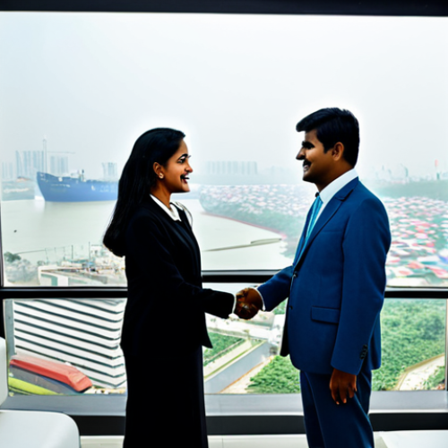 A professional Bangladeshi businesswoman in a modest, tailored business suit, shaking hands with a foreign investor in a modern Dhaka office. The backdrop features a cityscape with visible trade ships in the distance. Fully clothed, appropriate attire, safe for work, perfect anatomy, natural proportions, professional photography, high quality.