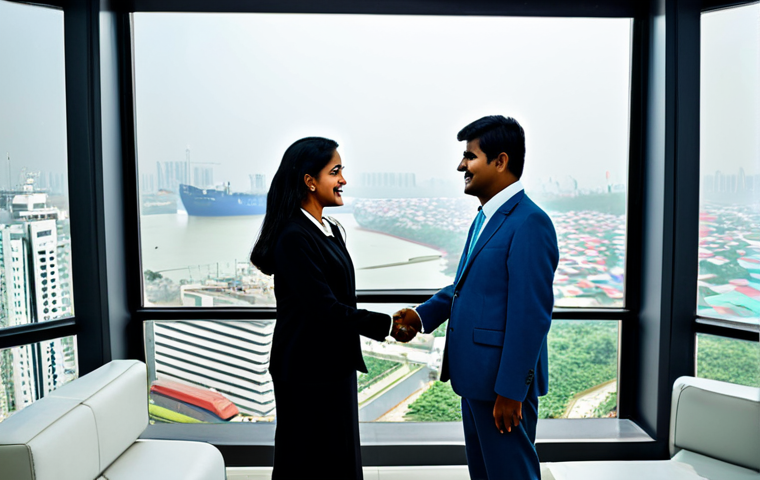 A professional Bangladeshi businesswoman in a modest, tailored business suit, shaking hands with a foreign investor in a modern Dhaka office. The backdrop features a cityscape with visible trade ships in the distance. Fully clothed, appropriate attire, safe for work, perfect anatomy, natural proportions, professional photography, high quality.