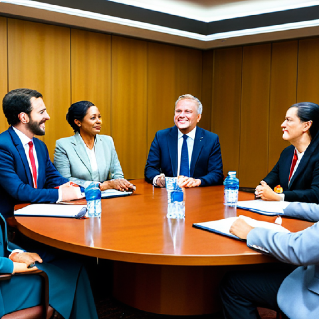 국제 분쟁 해결 방법 - **Image:** A diverse group of people sitting around a table, engaged in a lively but respectful disc...
