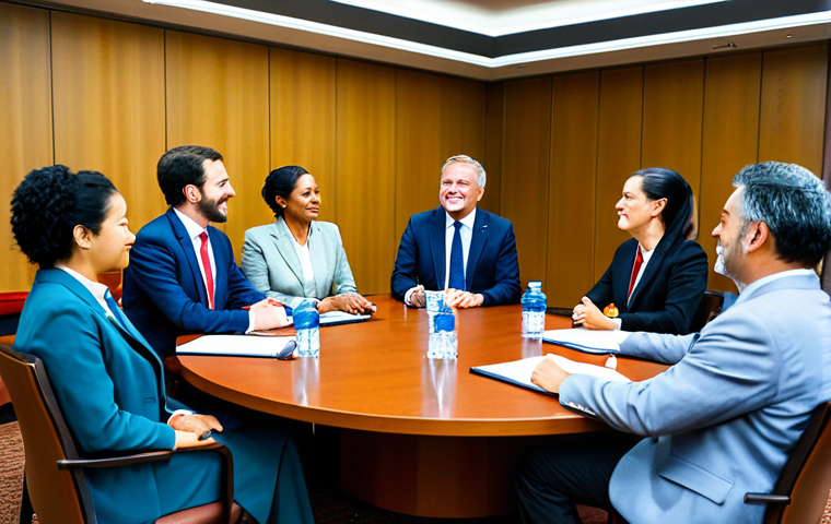 국제 분쟁 해결 방법 - **Image:** A diverse group of people sitting around a table, engaged in a lively but respectful disc...