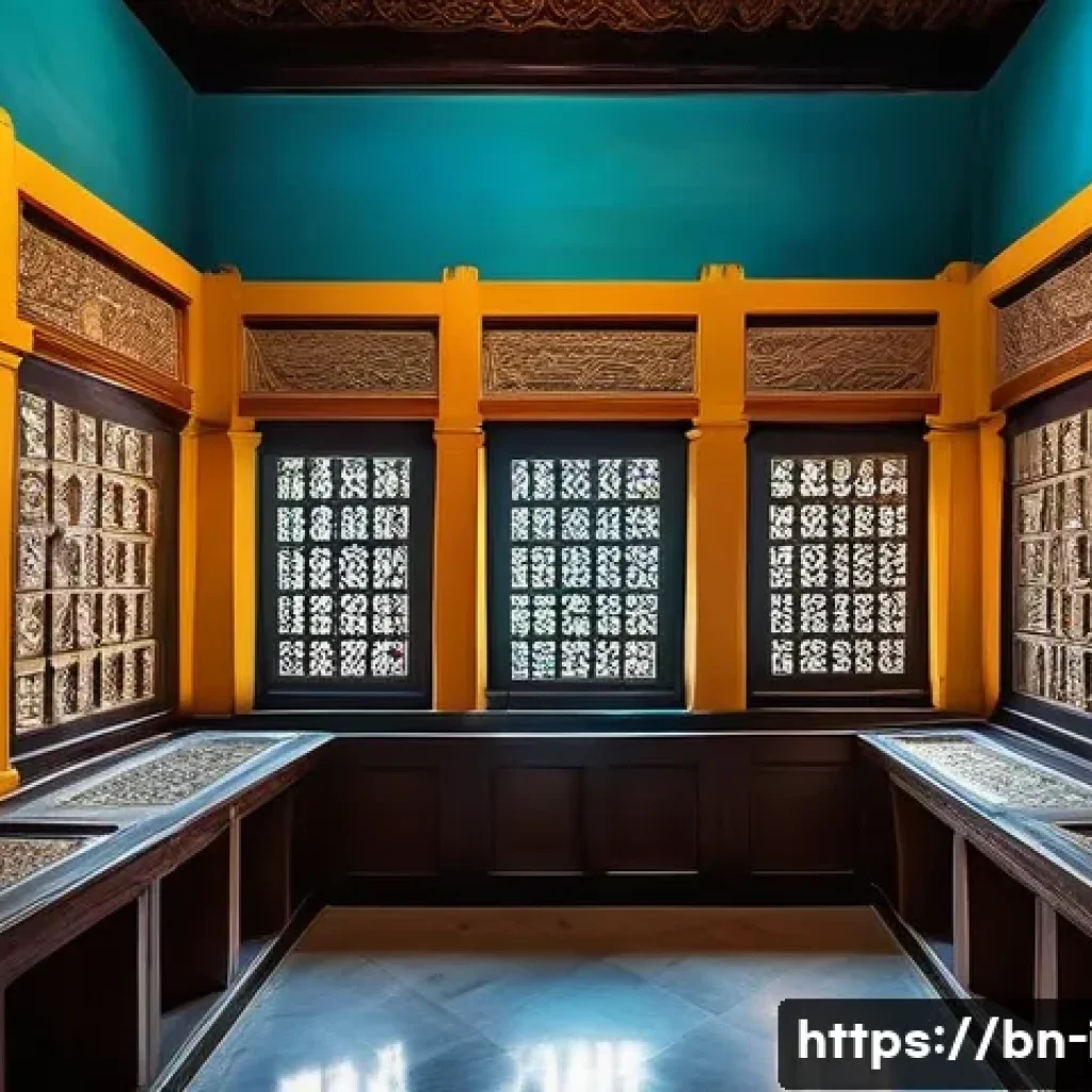 국제 문화재 반환 협약 - A detailed scene of a Bangladeshi cultural heritage museum interior, showcasing intricately carved a...