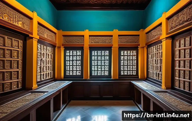 국제 문화재 반환 협약 - A detailed scene of a Bangladeshi cultural heritage museum interior, showcasing intricately carved a...