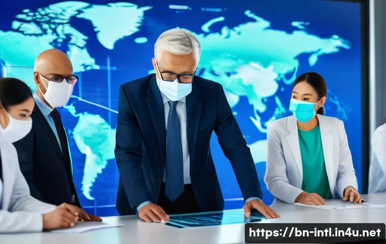 팬데믹과 국제협력 - A diverse group of international health experts and scientists collaborating around a large digital ...