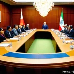 국제 외교 프로토콜과 의전 - A detailed scene of an international diplomatic meeting room featuring diverse diplomats seated arou...
