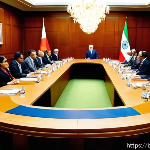 국제 외교 프로토콜과 의전 - A detailed scene of an international diplomatic meeting room featuring diverse diplomats seated arou...