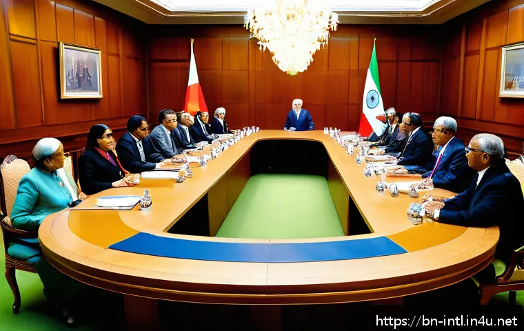 국제 외교 프로토콜과 의전 - A detailed scene of an international diplomatic meeting room featuring diverse diplomats seated arou...