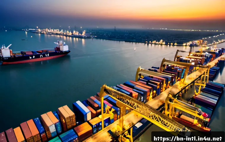 국제 공급망 변화와 지정학적 영향 - Photorealistic aerial view of a busy container port in Bangladesh at sunrise, colorful cargo contain...