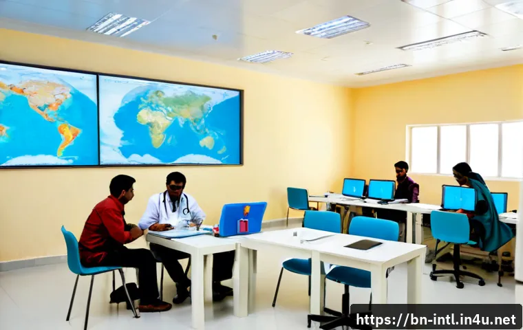 Home 17 세계보건기구 WHO 역할 - Photorealistic public health coordination scene in a modern international health operations center, ...