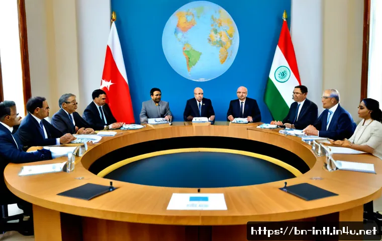 중동 정세와 국제 관계 - Photorealistic international diplomatic meeting on Middle East relations, diverse Arab, Bengali, Eur...